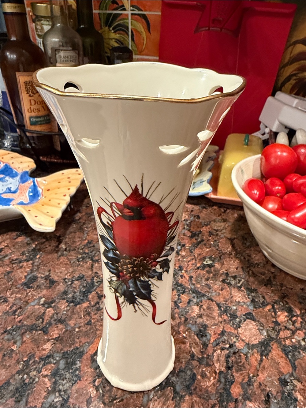Decorative Lenox Vase with Red Cardinal Motif cutout’s ribbon and gold trimmings